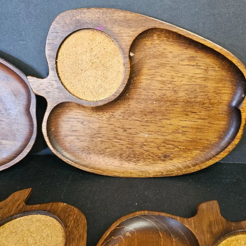 Set 5 Midcentury Wooden Apple Snack Drink Plate, Vtg Gail Craft Party Plates 6x8